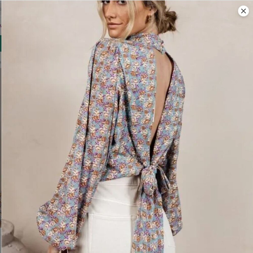 NWT Bohme Women's Small Brissa Floral High Neck Open Back Tie Blouse - Picture 3 of 16